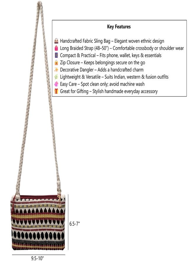 Fabjute حقيبة كتف من قماش فابجوت المصنوع يدويًا للفتيات والسيدات | حزام طويل مضفر (48-50 بوصة) | حقيبة كروس خفيفة الوزن بسحاب وزينة متدلية | مناسبة للارتداء اليومي والمناسبات العرقية (أبيض كريمي/عنابي) - Image 5
